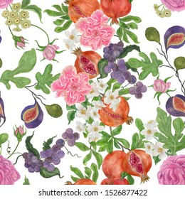 Watercolor painting seamless pattern with pomegranate, grapes, figs and flowers