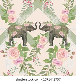 Watercolor painting seamless pattern and rose flowers   elephants