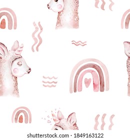 Watercolor painting seamless pattern with white cute llama animal. Llamas cartoon america. Boho cactus textile design, Baby girl decoration, baby shower art.