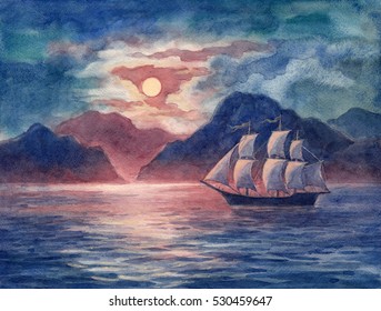 Watercolor Painting, Seascape With A Sailing Ship.