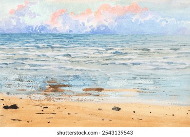 Watercolor painting of a serene beach with gentle waves, sandy shore, and a colorful sky.  Calming seascape watercolor textured scene. Beach watercolor textured background wallpaper. - Powered by Shutterstock