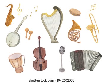 Watercolor Painting Set Musical Instruments: Banjo, Harp, Accordion, Violin, Microphone, Drum, Horn, Saxophone