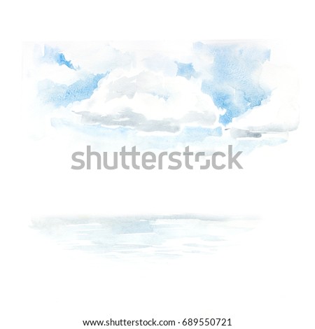 Watercolor painting showing a landscape with blue sky, clouds.