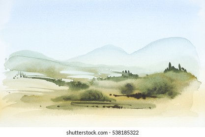 Watercolor Painting Showing A Landscape In Tuscany At Summer Time