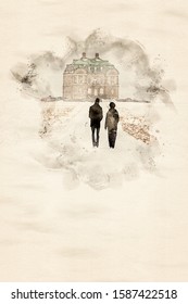 Watercolor painting of silhouettes of two people a man and a woman walking up the avenue to a small palace in a public park during winter time. Illustration with copy space.