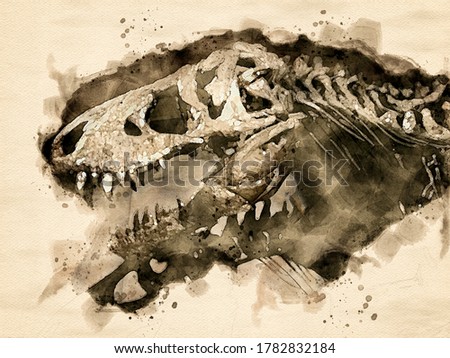 Watercolor painting of the skeleton of a Tyrannosaurus Rex dinosaur. Digital generated painting.