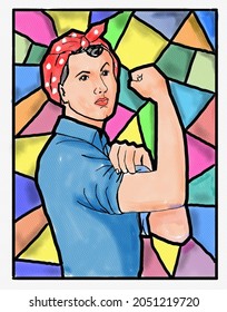 Watercolor Painting Or Sketch Drawing Of Rosie The Riveter Flexing Her Muscles   Saying We Can Do It Done In Stain Glass Window Style 