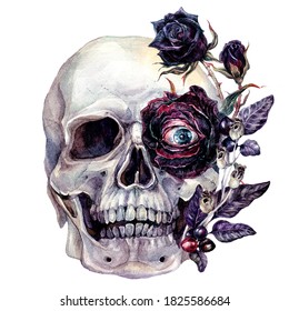 Watercolor Painting of Skull with Evil Eye and Black Rose Flowers, Berries and Leaves Isolated on White. Vintage Style Botanical Halloween Poster. Spooky Skull Gothic Wedding Floral Decoration.