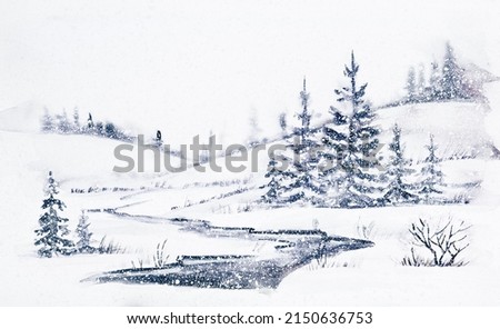 Watercolor painting: snowy winter landscape with frozen river