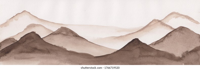 Watercolor Painting Of South East Asian Mountains. Peaceful Serene Hand Drawn Oriental Landscape With Rocks Layers. Concept For Relax, Restore, Soothing Meditation Background. Abstract Panoramic Art.