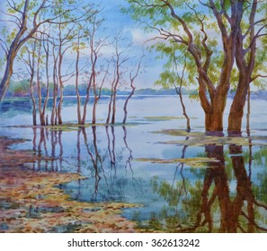 Watercolor Painting, Spring Landscape, High Water.