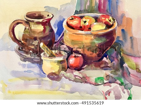 watercolor painting of still life with vintage tableware, apples, jug, mill and bowl, aquarelle sketch illustration