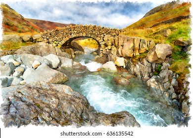 Watercolor painting of Stockley Bridge near Allerdale in the Lake District National Park in Cumbria