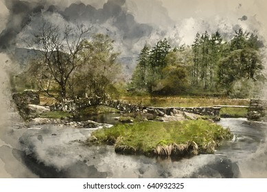 Watercolor painting of Stormy dramatic sky over Lake District landscape in England