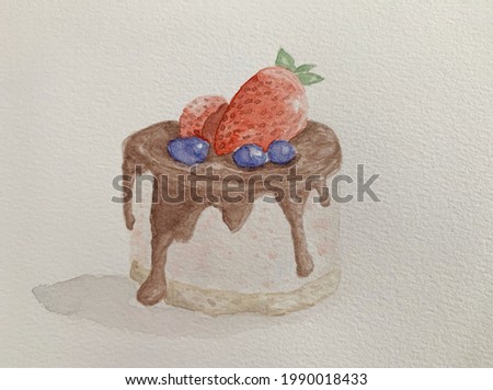 Watercolor painting of strawberry and blue berries on chocolate sauce cake
