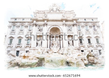 Watercolor painting style of The Fontana di Trevi or Trevi Fountain. the fountain in Rome, Italy. It is the largest Baroque fountain in the city and the most beautiful in the world.