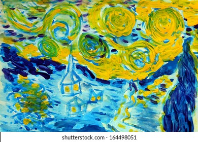 Watercolor Painting Style Of Van Gogh Winter Snow And Silhouettes Of Houses Colors Of Blue And Yellow 