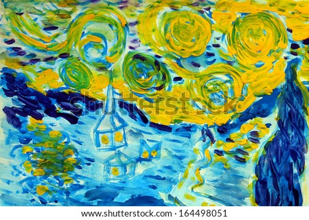 watercolor painting style of Van Gogh winter snow and silhouettes of houses colors of blue and yellow 