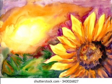 Watercolor painting. Sunflower field in time sunset