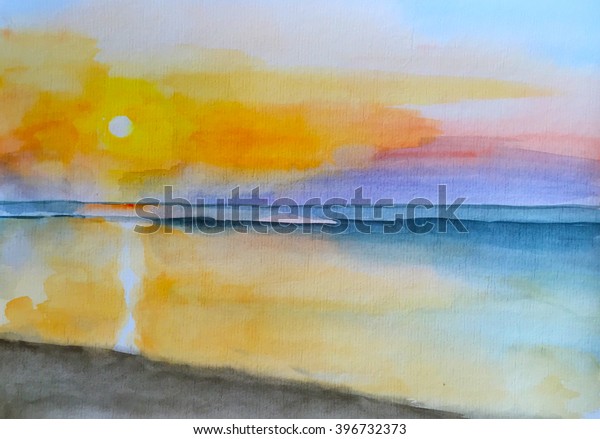 Watercolor Painting Sunset On Beach Handpainted Stock Illustration