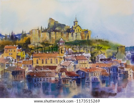 Watercolor painting Tbilisi old town City Mtatsminda Mountain The Narikala Fortress