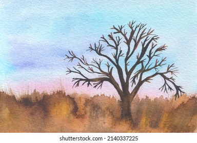 Watercolor painting. Tree growing on a field. Autumn landscape. 