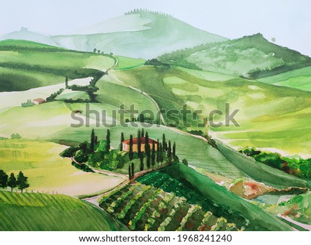 Watercolor painting of Tuscany landscape with fields, meadows, forest, cypress trees and houses on the hills at foggy sunset, Italy, Europe