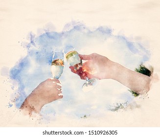 Watercolor painting of two people clinking glasses with white wine, champagne or cava - Powered by Shutterstock