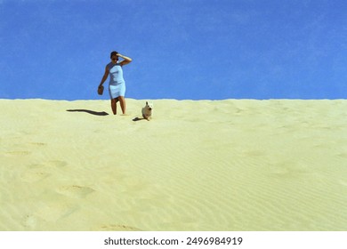 Watercolor painting, under an azure blue sky, a woman in a flowing blue dress walks down a golden sand dune, her little dog happily bounding beside her. - Powered by Shutterstock