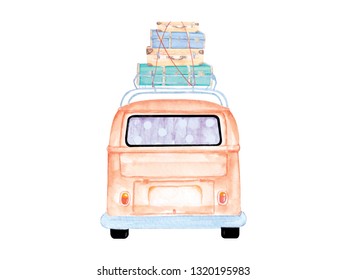 Watercolor Painting, Vintage Van, Orange With Two Suitcases Placed On The Roof.Illustration Of Retro Hand-drawn Cars On The White Blackground.