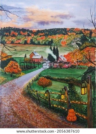 watercolor painting of welcoming the halloween. landscape painting with scienic autumn country side, farmhouse, Halloween decorations such as pumpkins and lantern for illustration,print,background,etc
