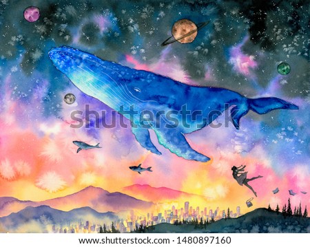 Watercolor Painting - Whale diving into fantasy space 