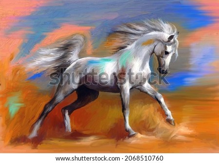 Watercolor painting. A white purebred Arab horse running on the seashore
