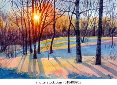 Watercolor Painting Of Winter Forest