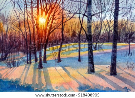 Watercolor painting of winter forest