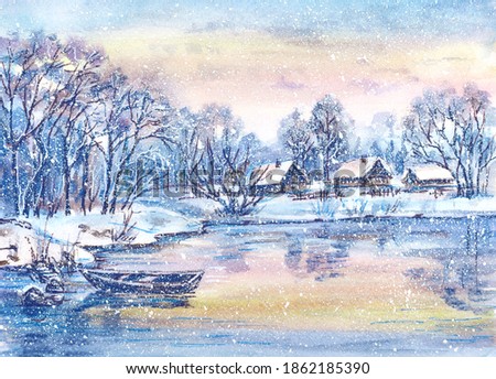 Watercolor painting: Winter landscape with boat on frozen lake 