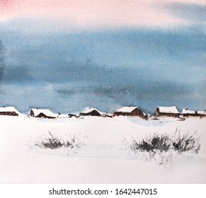 Watercolor painting, winter landscape with old houses, snow and dark blue sky