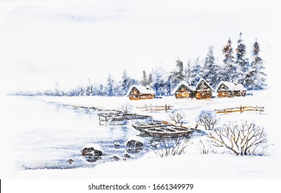 Watercolor painting: Winter village landscape with boats on frozen river - Powered by Shutterstock