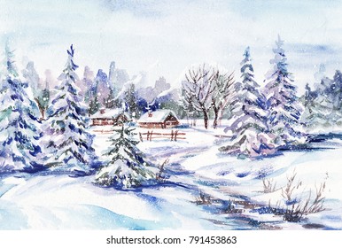 Watercolor Winter Landscape Images, Stock Photos & Vectors | Shutterstock