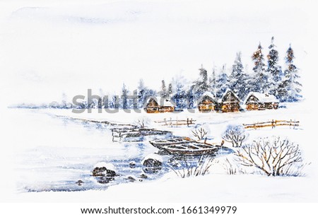 Watercolor painting: Winter village landscape with boats on frozen river