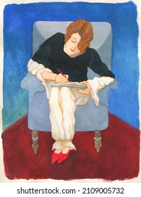 Watercolor Painting. Woman In The Chair, Writing . Illustration. 
