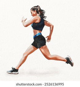 A watercolor painting of a woman running. The woman is in motion, running with determination. Running and athleticism concept. Watercolor illustration, illustration of a woman athlete in watercolor. - Powered by Shutterstock