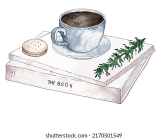 Watercolor Painting World Book Day Illustration With A Stack Of Books Coffee Cup And Cracker