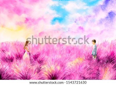 Watercolor Painting - Young Couple staring at each other in lavender field