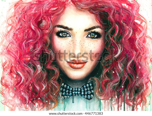 Watercolor Painting Young Pretty Girl Long Stock Illustration 446771383