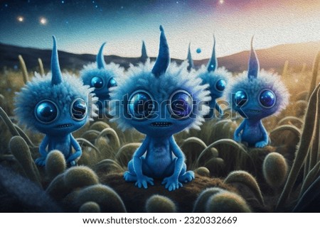 watercolor painting.Cute fluffy blue three eyed aliens with big ears in field of weird