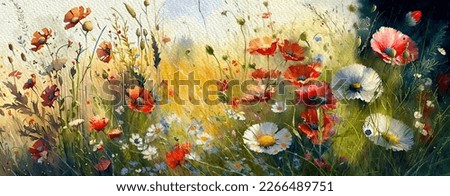 Watercolor paintings landscape, artwork, fine art, field of poppies and flowers, panoramic