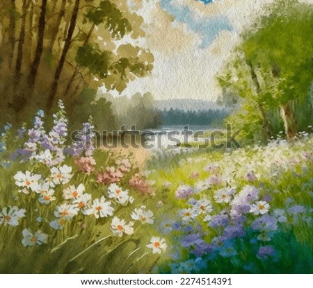 Watercolor paintings landscape with flowers, morning in the forest. Artwork, fine art.