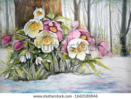 Watercolor paintings landscape, spring. Flowers in forest. Fine art.