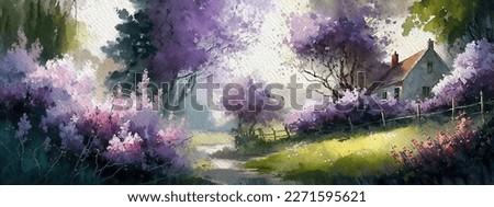 Watercolor paintings spring landscape with house and trees. Beautiful lilac flowers in the garden, watercolor lilac, artwork, fine art
